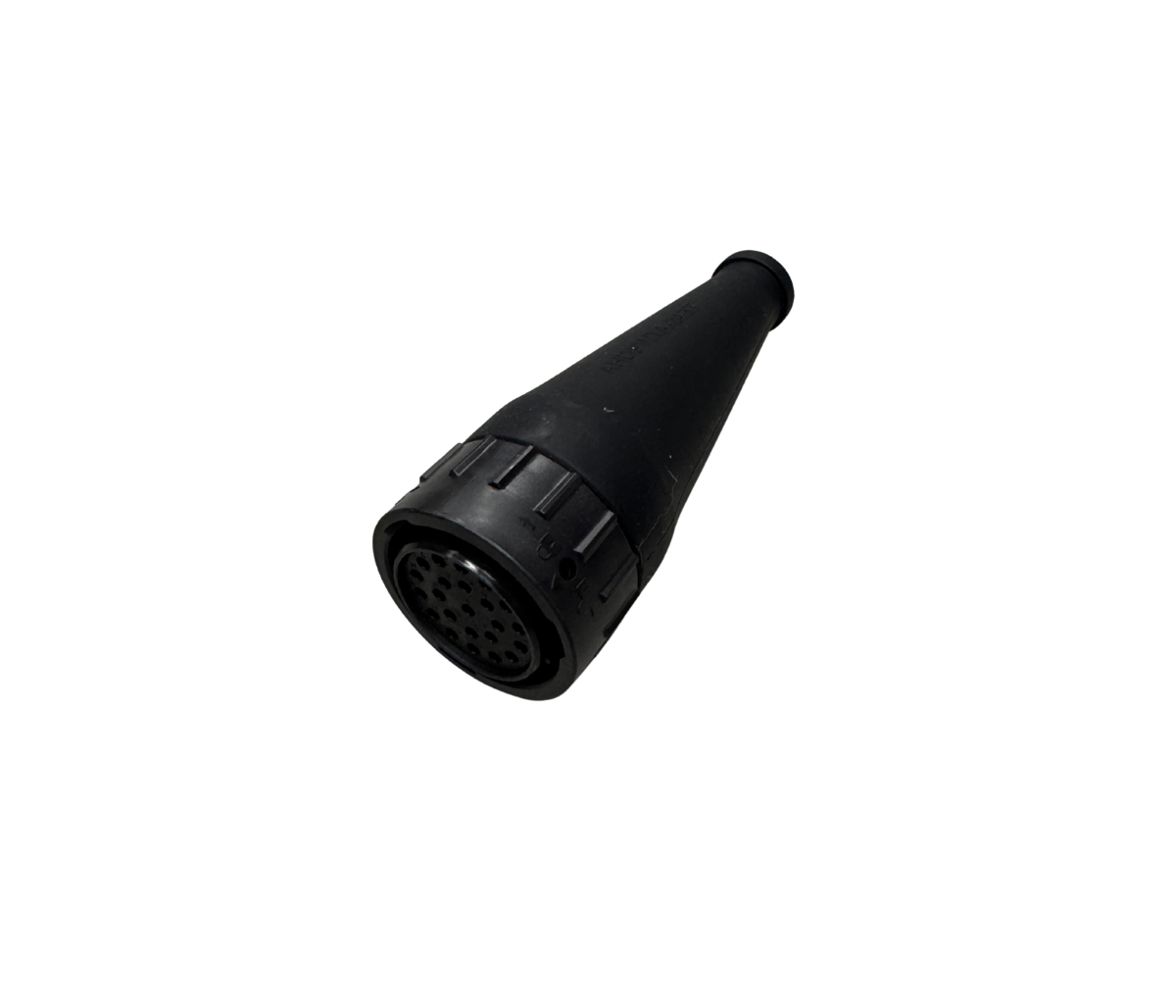 Black moulded rubber boot for a 23-pin connector, the tapered body opening to the pin face where the twenty-three sockets are visible in the insert