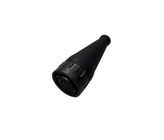 Black moulded rubber boot for a 23-pin connector, the tapered body opening to the pin face where the twenty-three sockets are visible in the insert
