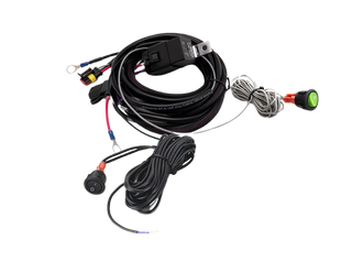 Lazerlamps wiring harness including various connectors, cables, a relay, and fuses.