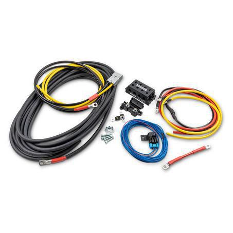 Wiring harness kit with various connectors and cables on a white background