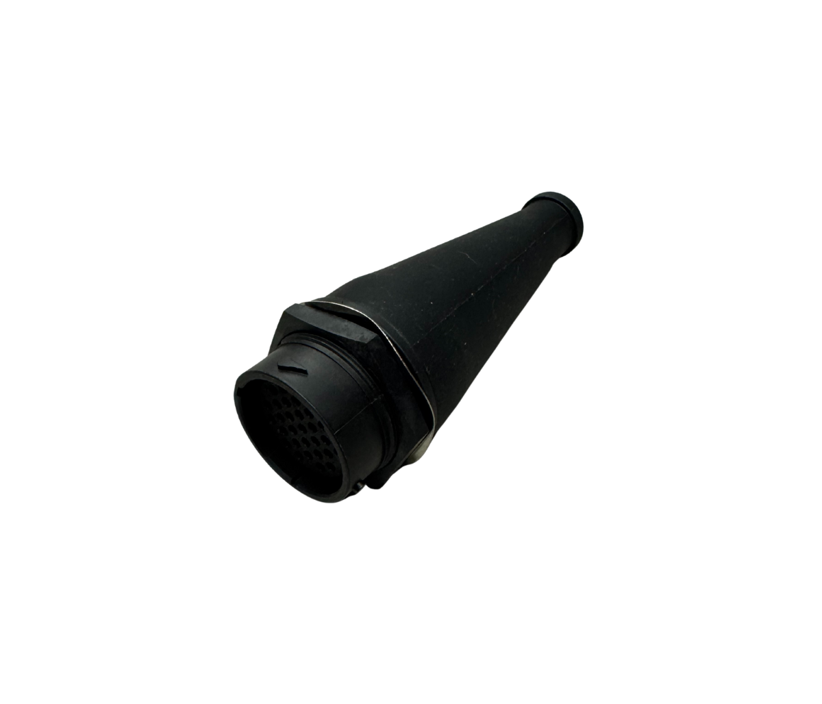 Black moulded rubber boot fitted to a 31-pin male plug, the pin face and its retaining ring showing at the open end