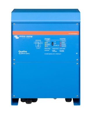 Victron Quattro 24|8000|200 front view, showing the printed wiring diagram and the three-position charger on and off switch