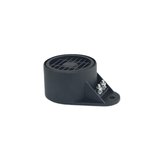 Reversing alarm with a round grilled speaker in a black moulded housing, mounted on a single triangular bracket foot with two stainless terminal studs on the side