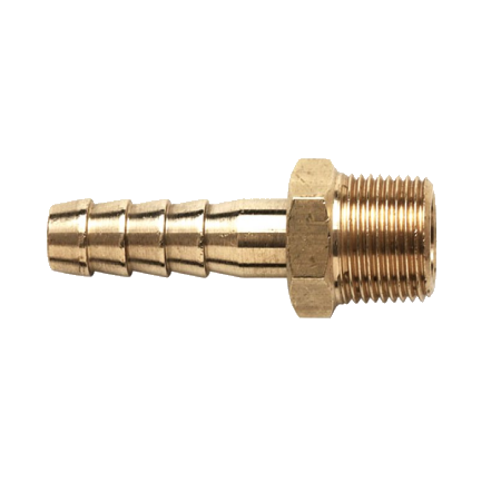 Brass barbed hose tail with a tapered male pipe thread, the hexagon flats between the ribbed tail and the thread