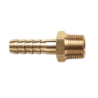 Brass barbed hose tail with a tapered male pipe thread, the hexagon flats between the ribbed tail and the thread