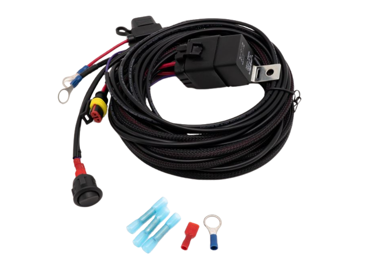 An assortment of Lazerlamps wiring kits including various connectors, cables, a relay, and fuses.