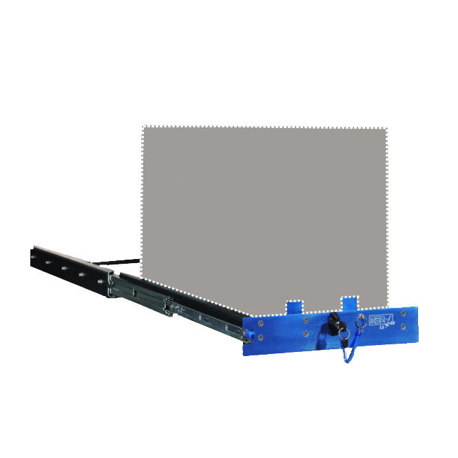 MSA fridge slide extended, showing the slide rails, the blue front panel with its locking pin and lanyard, and the tray the fridge sits on