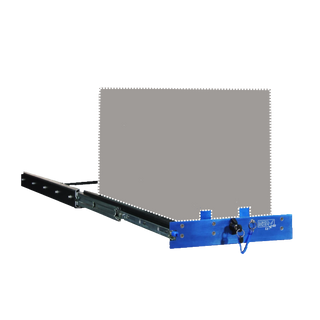 MSA fridge slide extended, showing the slide rails, the blue front panel with its locking pin and lanyard, and the tray the fridge sits on