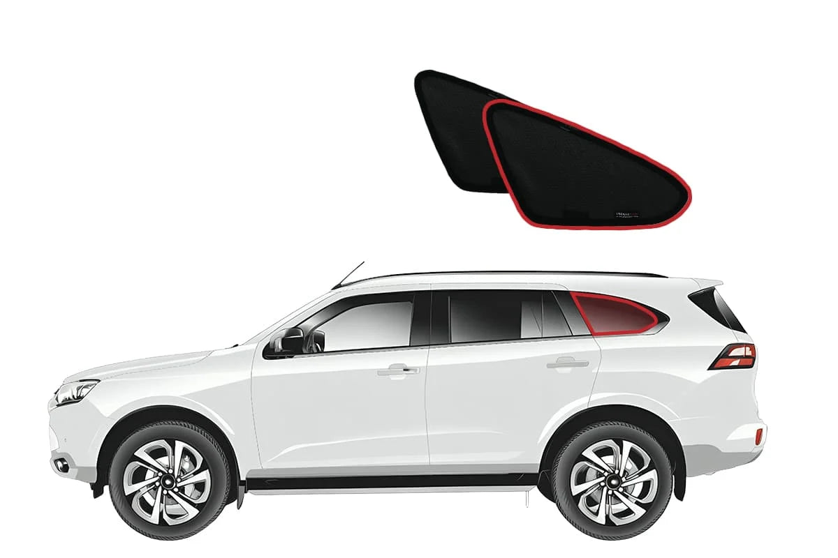 White SUV with a close-up of a car window shade on a white background