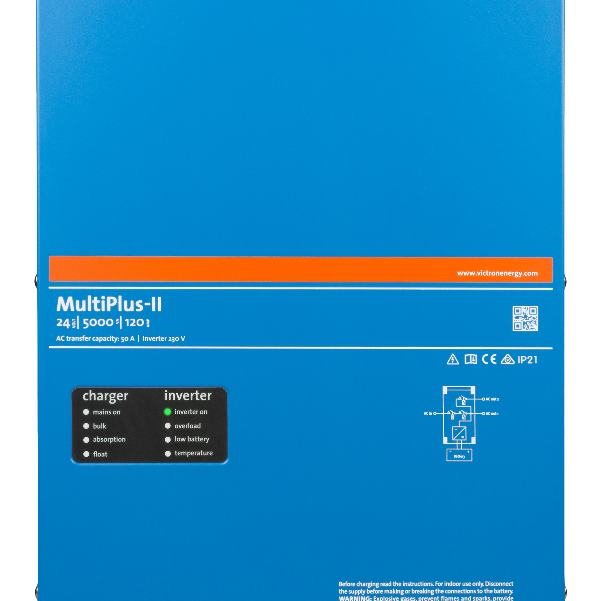 Victron MultiPlus-II 24/5000/120 front view, marked with a 50 A AC transfer capacity