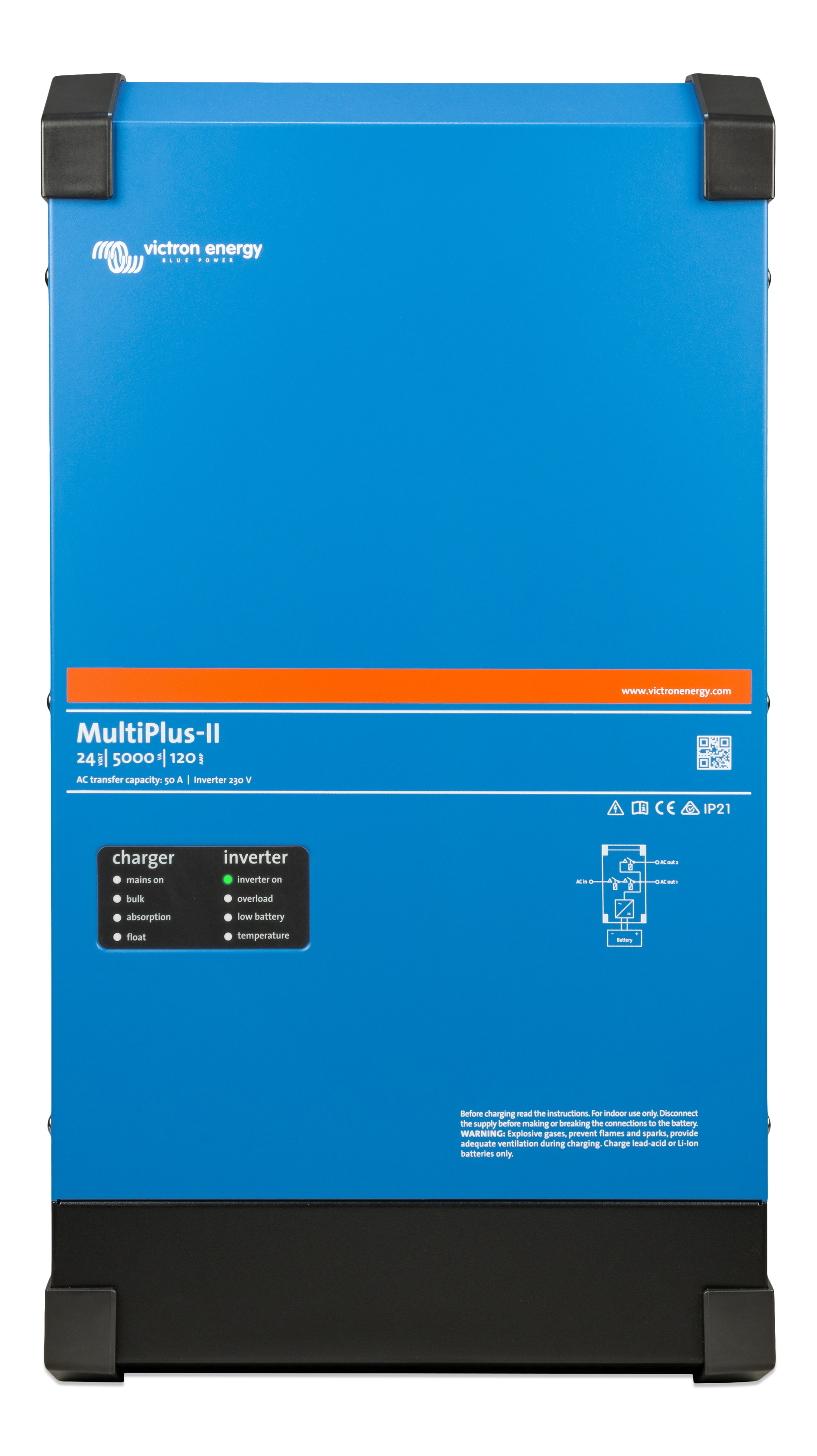 Victron MultiPlus-II 24/5000/120 front view, marked with a 50 A AC transfer capacity