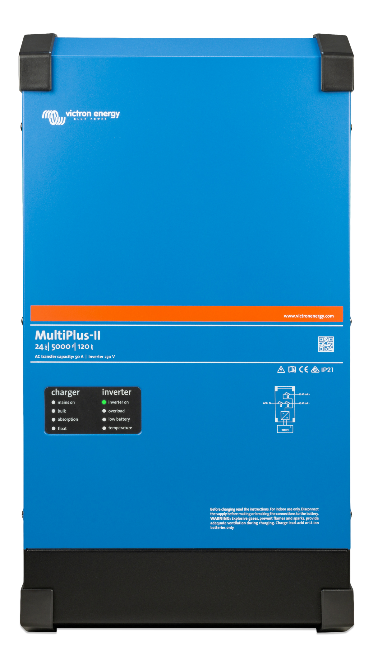 Victron MultiPlus-II 24/5000/120 front view, marked with a 50 A AC transfer capacity