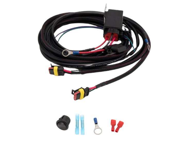 Wiring harness with connectors and components on a white background