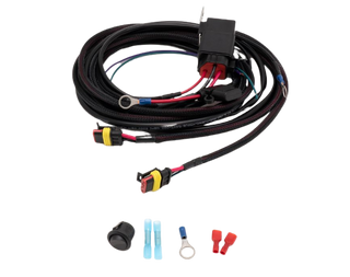 Wiring harness with connectors and components on a white background