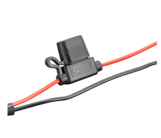 In-line blade fuse holder moulded FUSE on the body, the cover clipped shut with red and black leads running out either side