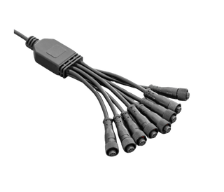 The same eight-way rock light splitter loom on a white ground, showing the moulded junction block and the eight threaded weatherproof connectors