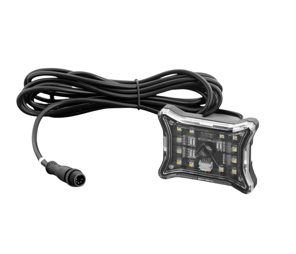 Rock light with its four-pin lead coiled behind it on a white ground, the screw-lock connector at the free end of the lead