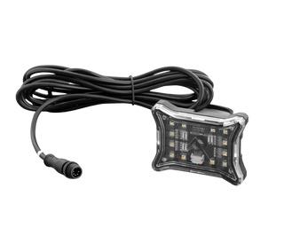 Rock light with its four-pin lead coiled behind it on a white ground, the screw-lock connector at the free end of the lead