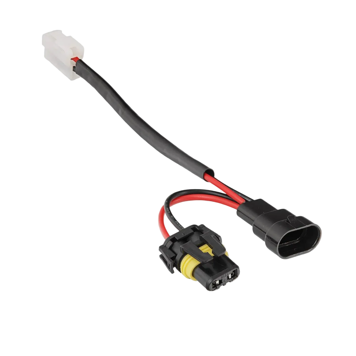 Halogen high beam piggy-back adaptor laid out, a white two-pin plug at one end and at the other a black male connector and a yellow-locked female connector on short red and black tails