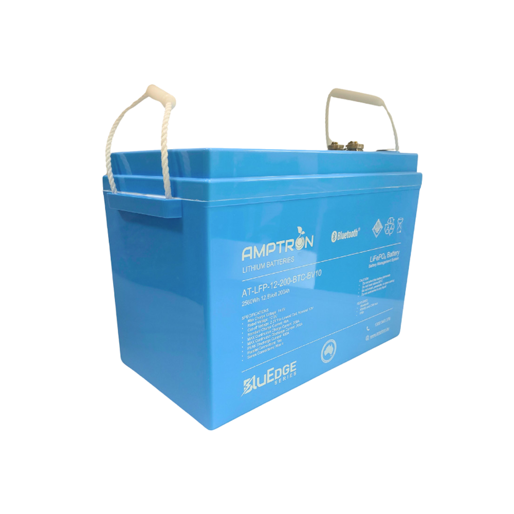 The BluEdge 200Ah battery from a front corner with both rope handles raised, showing the depth of the blue case, the terminals under the lip and the specification label across the front