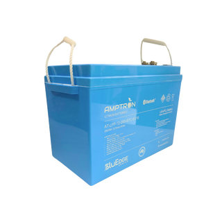 The BluEdge 200Ah battery from a front corner with both rope handles raised, showing the depth of the blue case, the terminals under the lip and the specification label across the front