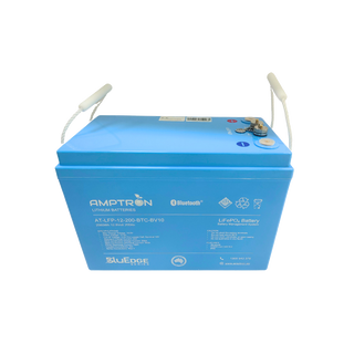 Amptron BluEdge AT-LFP-12-200-BTC-BV10 battery, 2560Wh 12.8 volt 200Ah, the blue case with rope carry handles and the label listing max charge voltage 14.6V, standard charge 40A, max continuous charge 200A, max continuous discharge 200A and peak discharge 400A, with the BluEdge Series mark below