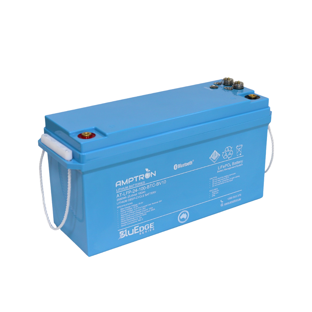 Amptron BluEdge AT-LFP-24-100-BTC-BV10 battery at a three-quarter angle, 2560Wh 25.6 Volt 100Ah, the long blue case with rope handles, terminals and communication ports on top and the BluEdge Series mark on the front