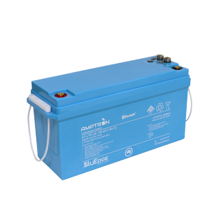 Amptron BluEdge AT-LFP-24-100-BTC-BV10 battery at a three-quarter angle, 2560Wh 25.6 Volt 100Ah, the long blue case with rope handles, terminals and communication ports on top and the BluEdge Series mark on the front