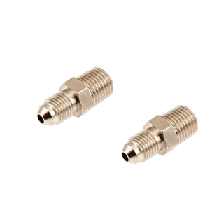 Two nickel-plated adaptors, each with a JIC 4 flared male cone at one end and a straight male pipe thread at the other, separated by a hexagon