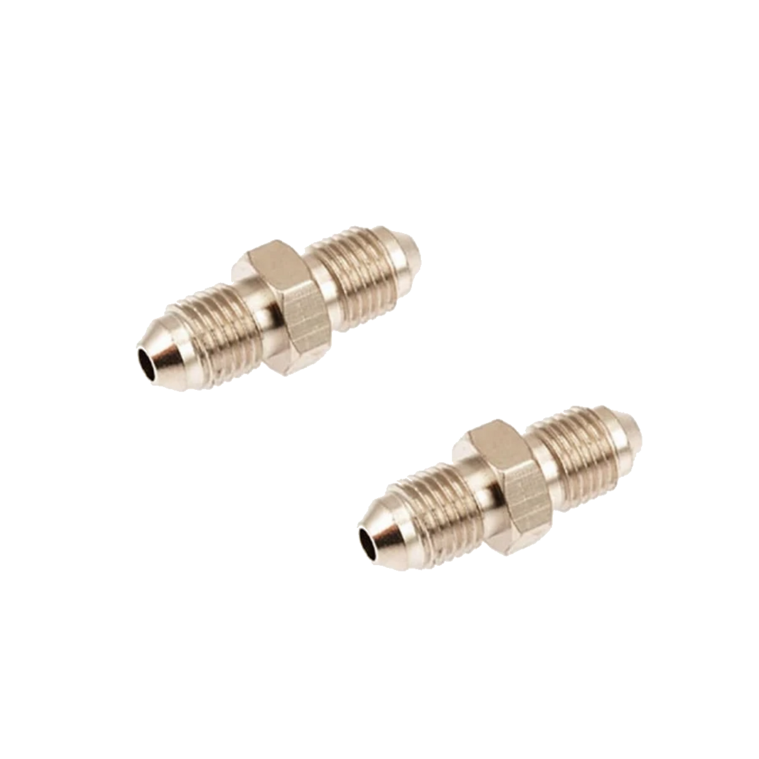 Two nickel-plated JIC 4 male adaptors, each with a flared cone at both ends and a hexagon flat in the middle
