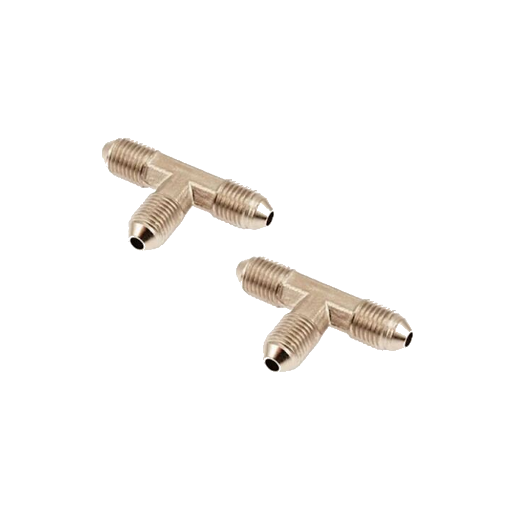 Two nickel-plated JIC 4 male tee fittings, each with three flared male cones meeting at a solid centre block