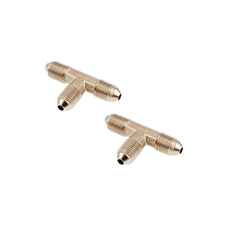 Two nickel-plated JIC 4 male tee fittings, each with three flared male cones meeting at a solid centre block