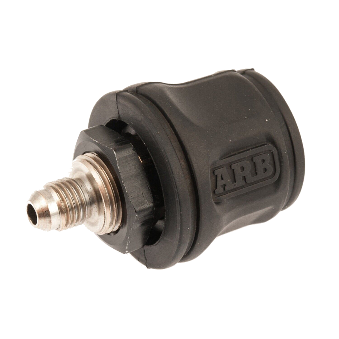 ARB quick release air hose coupling, a black moulded sleeve over a brass socket with a JIC 4 male flare fitting at the back