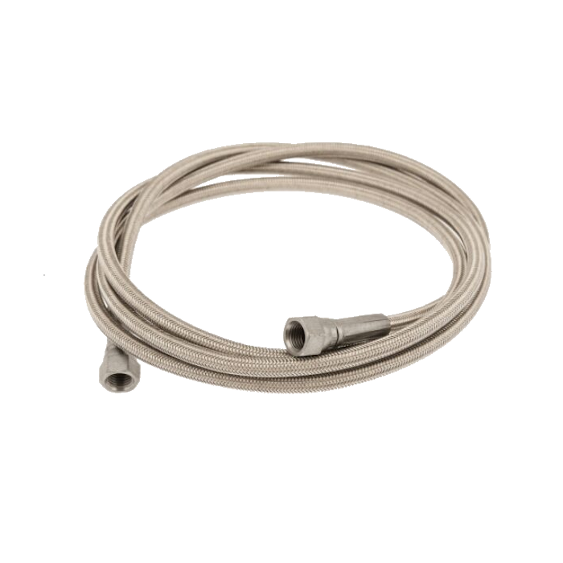 Coiled stainless steel braided PTFE air hose with a JIC 4 female swivel nut crimped at each end
