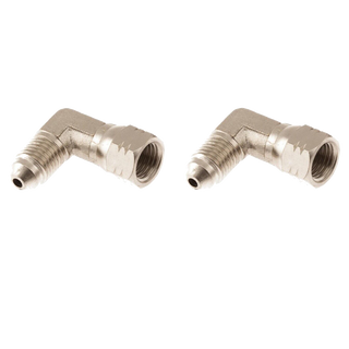 Two nickel-plated 90 degree elbows, each with a JIC 4 male flare at one end and a JIC 4 female swivel nut at the other