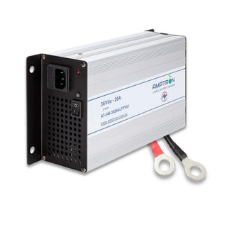 The same 36V 20A Amptron charger from the other side, showing the heavy output leads with red and black ring terminals fitted