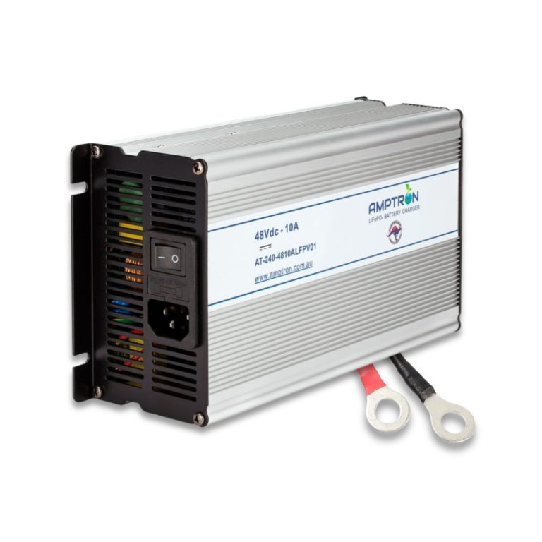 Amptron AT-240-4810ALFPV01 LiFePO4 battery charger, 48Vdc 10A, an aluminium case with a black mounting flange, vented end panel, IEC mains inlet and power switch, with heavy red and black output leads terminated in ring lugs
