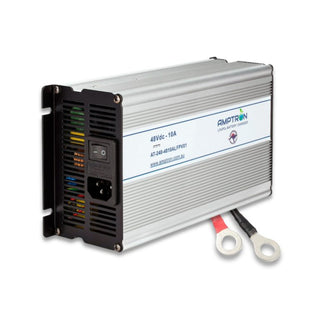 Amptron AT-240-4810ALFPV01 LiFePO4 battery charger, 48Vdc 10A, an aluminium case with a black mounting flange, vented end panel, IEC mains inlet and power switch, with heavy red and black output leads terminated in ring lugs