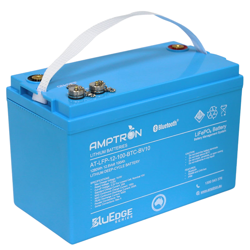 Amptron BluEdge AT-LFP-12-100-BTC-BV10 battery at a three-quarter angle, 1280Wh 12.8 Volt 100Ah, showing the webbing carry handle, the four terminals and communication ports on top and the BluEdge Series mark on the front