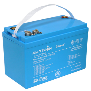 Amptron BluEdge AT-LFP-12-100-BTC-BV10 battery at a three-quarter angle, 1280Wh 12.8 Volt 100Ah, showing the webbing carry handle, the four terminals and communication ports on top and the BluEdge Series mark on the front