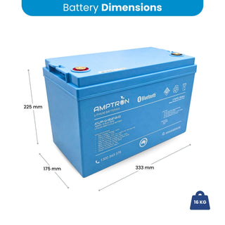 Dimension panel for the Amptron 150Ah battery: 333mm long, 175mm deep and 225mm tall, weight 16kg, shown against the blue case with its recessed terminals and specification label