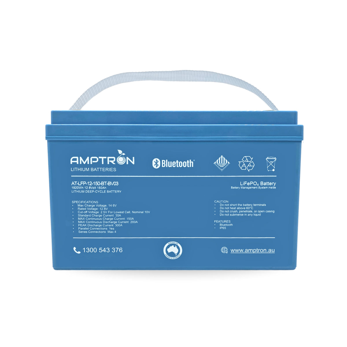Amptron AT-LFP-12-150-BT-BV03 lithium battery square on, the blue case with the carry strap over the top and the full specification and caution panels across the front