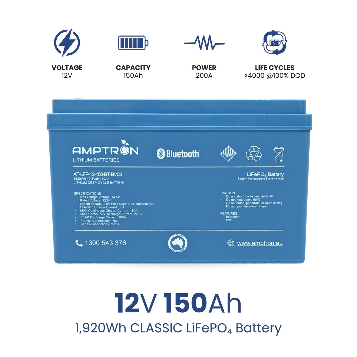 Specification panel for the Amptron AT-LFP-12-150-BT-BV03: 12 volts, 150Ah, 200A, over 4000 life cycles at 100 per cent depth of discharge. The label lists max charge voltage 14.6V, standard charge 30A, max continuous charge 150A, max continuous discharge 200A, peak discharge 300A, parallel connections yes, series max four, Bluetooth and IP65