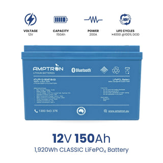 Specification panel for the Amptron AT-LFP-12-150-BT-BV03: 12 volts, 150Ah, 200A, over 4000 life cycles at 100 per cent depth of discharge. The label lists max charge voltage 14.6V, standard charge 30A, max continuous charge 150A, max continuous discharge 200A, peak discharge 300A, parallel connections yes, series max four, Bluetooth and IP65