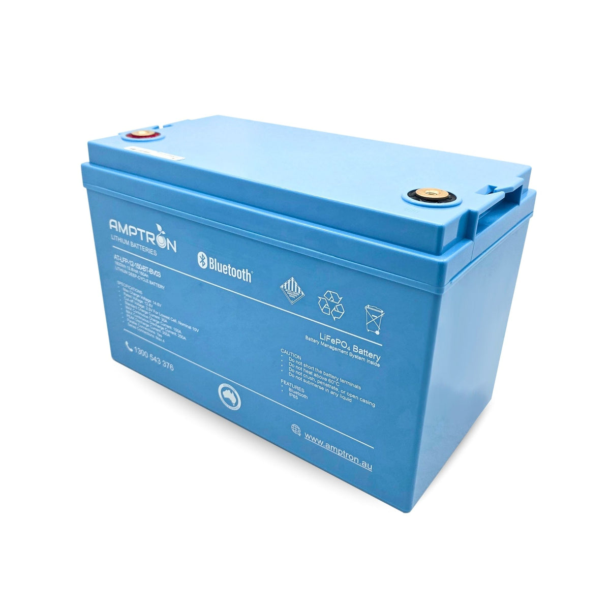 The Amptron 150Ah battery from a front corner, showing the depth of the blue case, the recessed brass terminals on top and the specification label on the front face