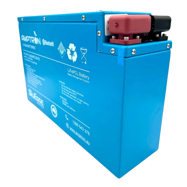 Amptron slimline BluEdge battery at a three-quarter angle, a tall narrow blue aluminium case with the red and black terminal covers and a communication port grouped at the top of one end