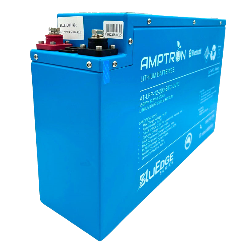 A blue Amptron BluEdge 12V 200Ah lithium iron phosphate battery with Bluetooth and RS485 communication interfaces.