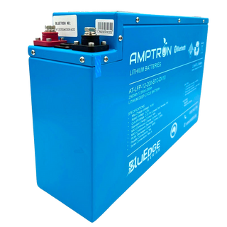 A blue Amptron BluEdge 12V 200Ah lithium iron phosphate battery with Bluetooth and RS485 communication interfaces.