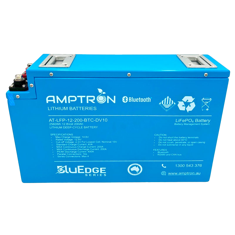 Amptron AT-LFP-12-200-BTC-DV10 slimline battery square on, 2560Wh 12.8 Volt 200Ah, the label listing max charge voltage 14.6V, standard charge 40A, max continuous charge 200A, max continuous discharge 200A, peak discharge 400A, parallel connections yes and series max four, with Bluetooth, RS485 and CAN bus