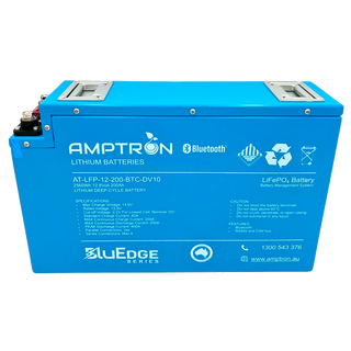 Amptron AT-LFP-12-200-BTC-DV10 slimline battery square on, 2560Wh 12.8 Volt 200Ah, the label listing max charge voltage 14.6V, standard charge 40A, max continuous charge 200A, max continuous discharge 200A, peak discharge 400A, parallel connections yes and series max four, with Bluetooth, RS485 and CAN bus